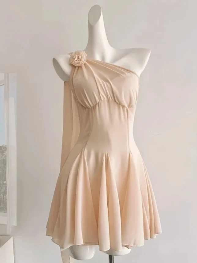 Elegant A-Line One-Shoulder Draped Floral Peach Short Homecoming Dress for Women