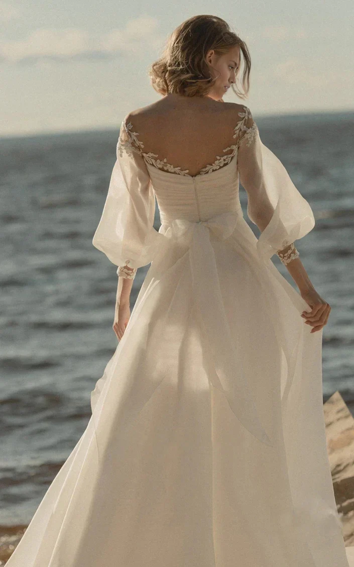 A-Line Simple Beach Lace Organza Floor Zipper Low-V Back Wedding Dress with Sheer Sleeve - Image 3
