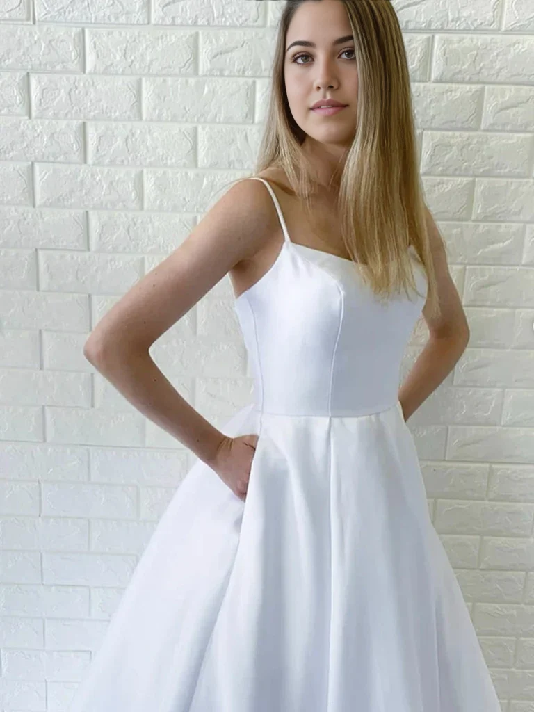 A-line Simple White Satin Long Prom Dresses Evening Dresses Formal Wedding Dresses - Image 3