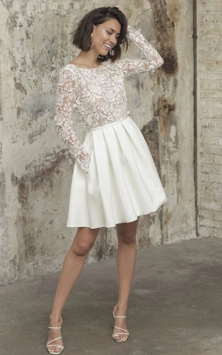 A Line Simple Knee-length Satin Lace Bateau Long Sleeve Wedding Dress - Image 3