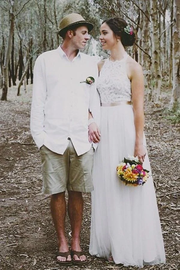 Simple Floor-Length Jewel Sleeveless Lace Top Wedding Dress - Image 3