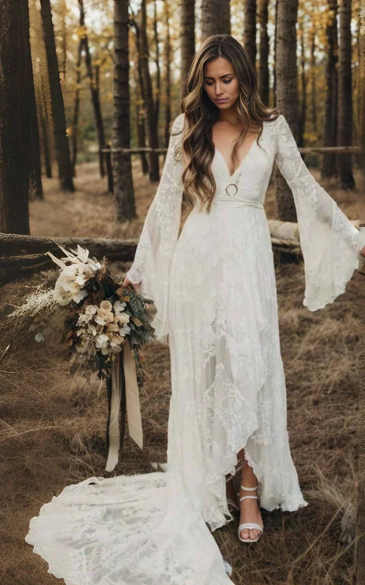 Boho Simple Casual Long Sleeves Lace Wedding Dress With Sweep Train