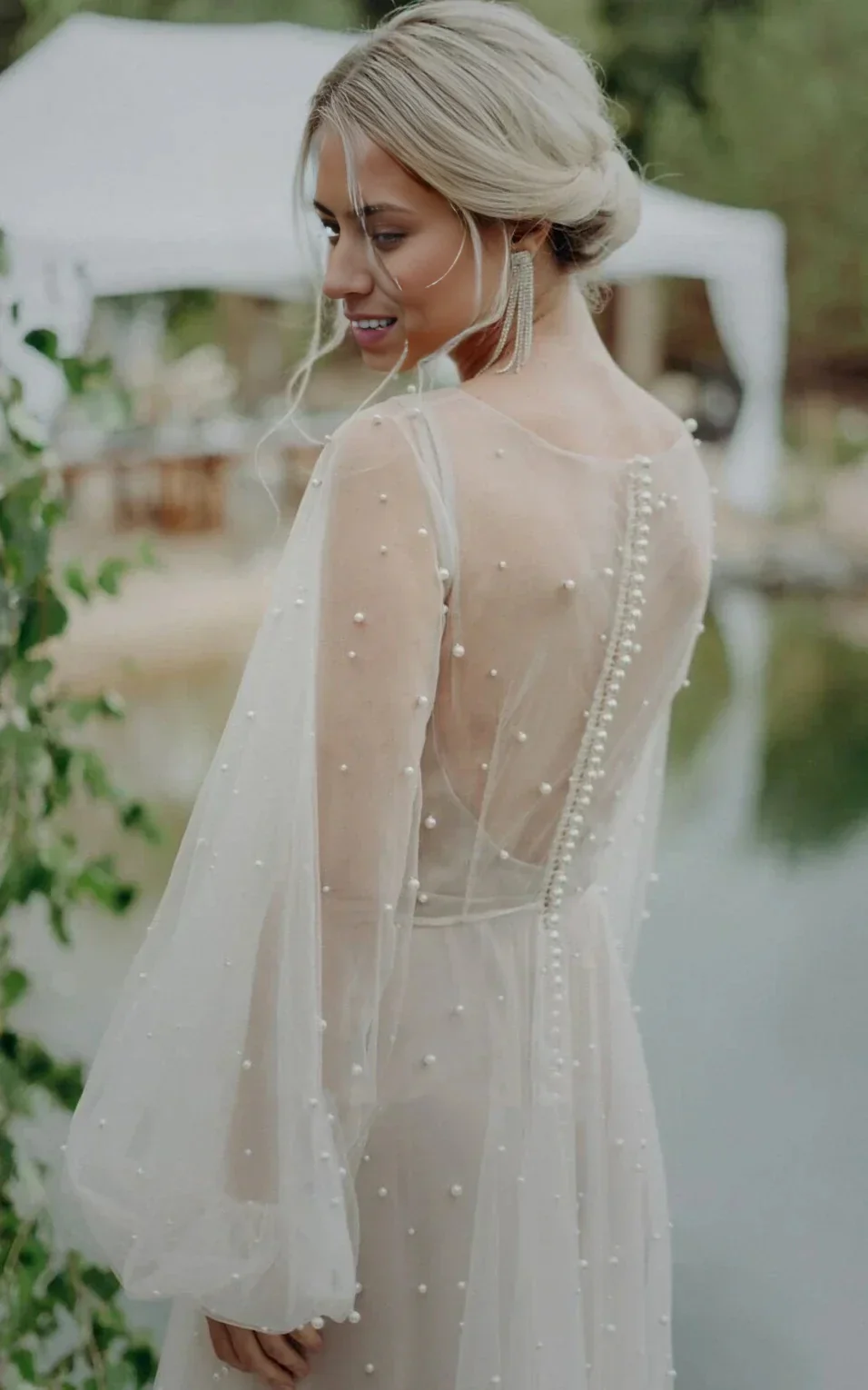 A-Line Simple Modest Long Sleeve Tulle Elopement Illusion Wedding Dresses - Image 3
