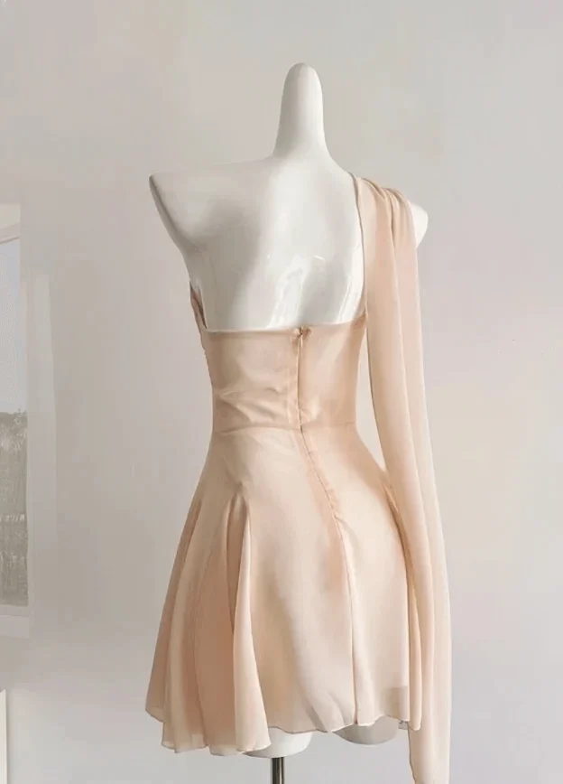 Elegant A-Line One-Shoulder Draped Floral Peach Short Homecoming Dress for Women - Image 3
