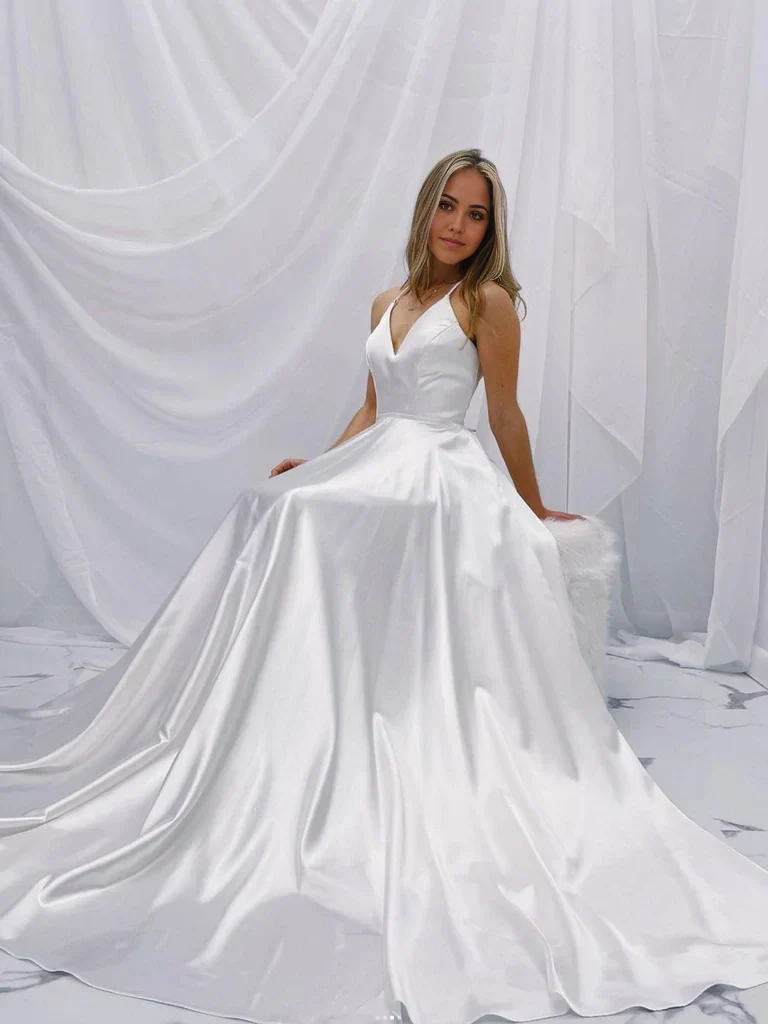 A-line Simple V Neck White Satin Long Prom Dresses Backles Long Formal Evening Dresses Wedding Dresses - Image 3