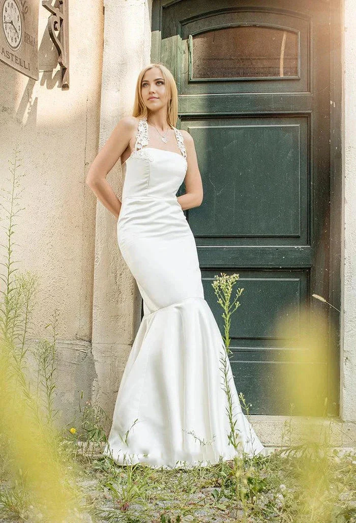 Mermaid Halter Neck Sleeveless Satin Simple White Wedding Dress - Image 3