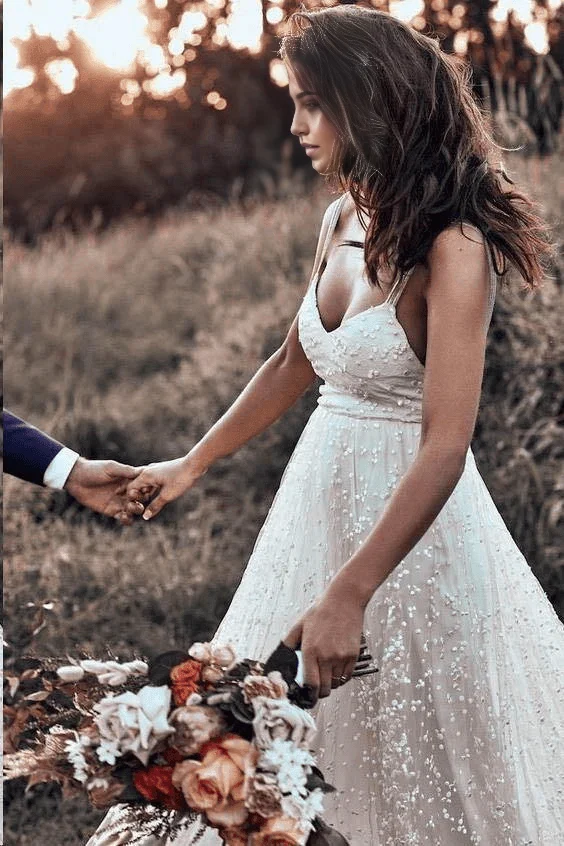 A-line Lace Simple Rustic Backless Straps Long Train Wedding Dress - Image 5