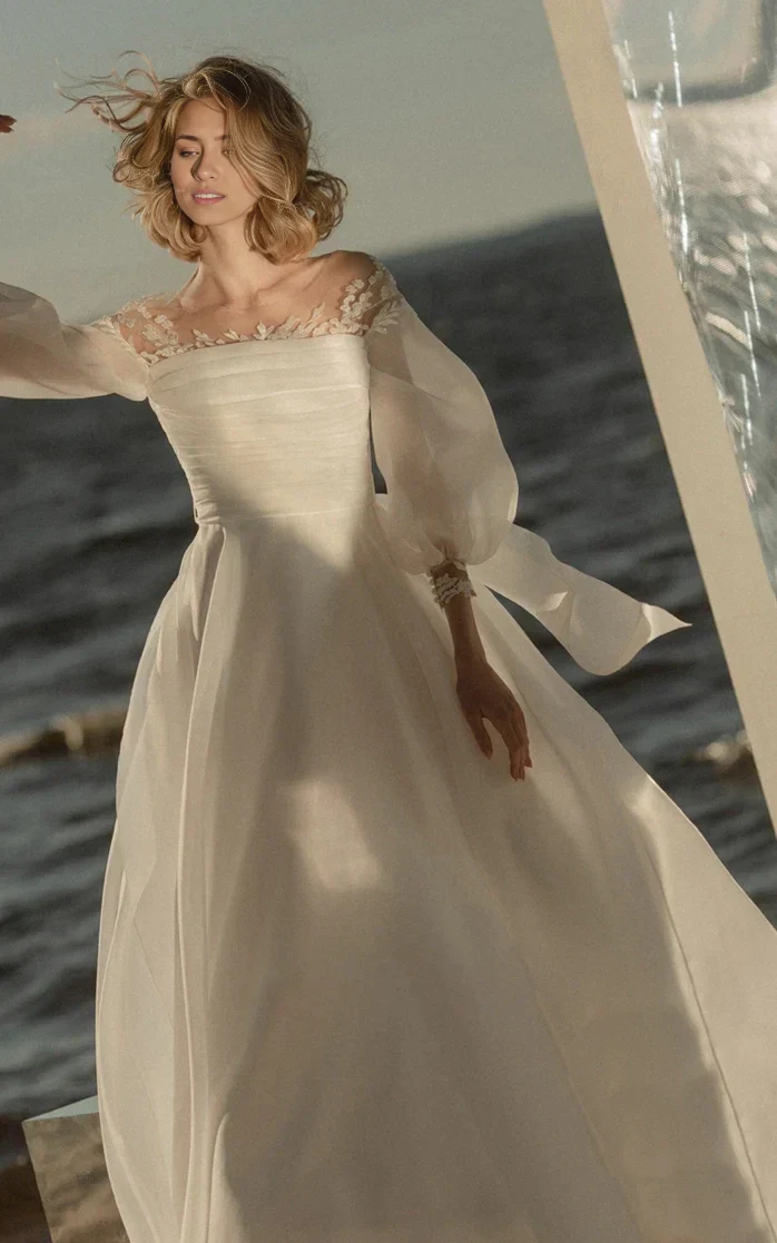 A-Line Simple Beach Lace Organza Floor Zipper Low-V Back Wedding Dress with Sheer Sleeve - Image 4