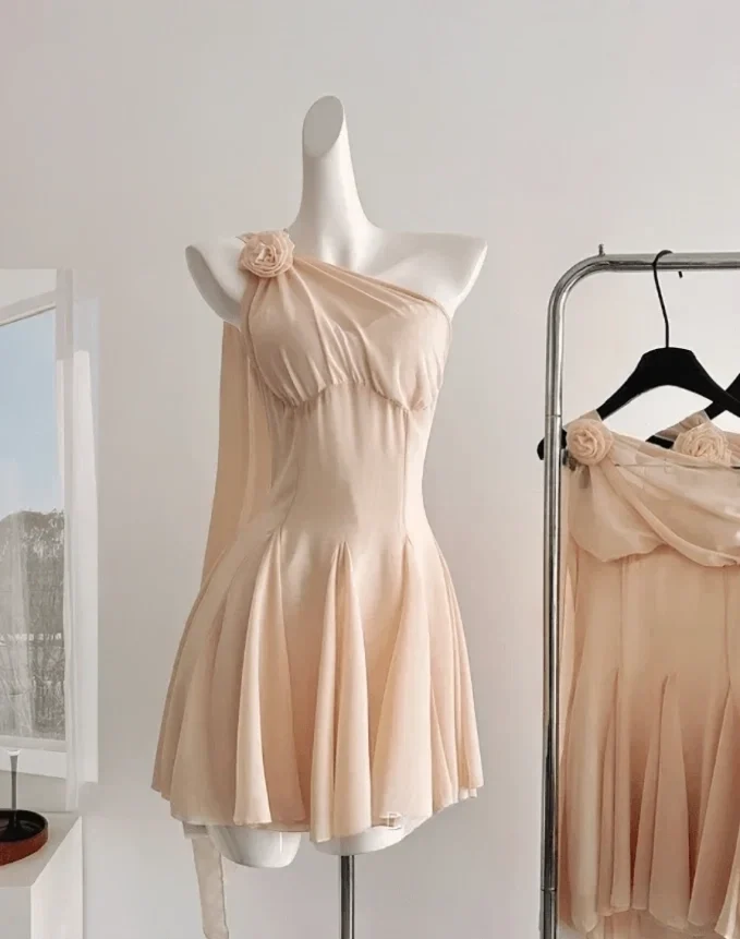 Elegant A-Line One-Shoulder Draped Floral Peach Short Homecoming Dress for Women - Image 4