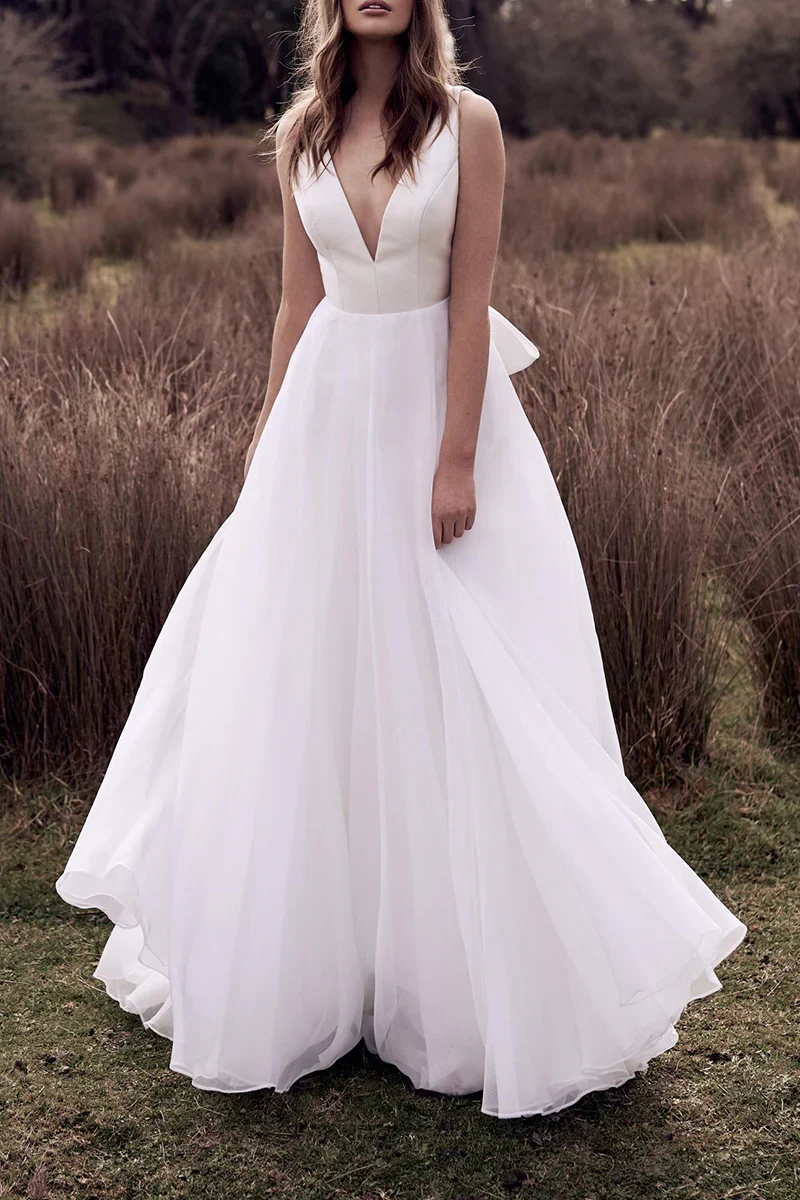 A Line Boho Deep V Neck Simple Open Back Wedding Dress - Image 5