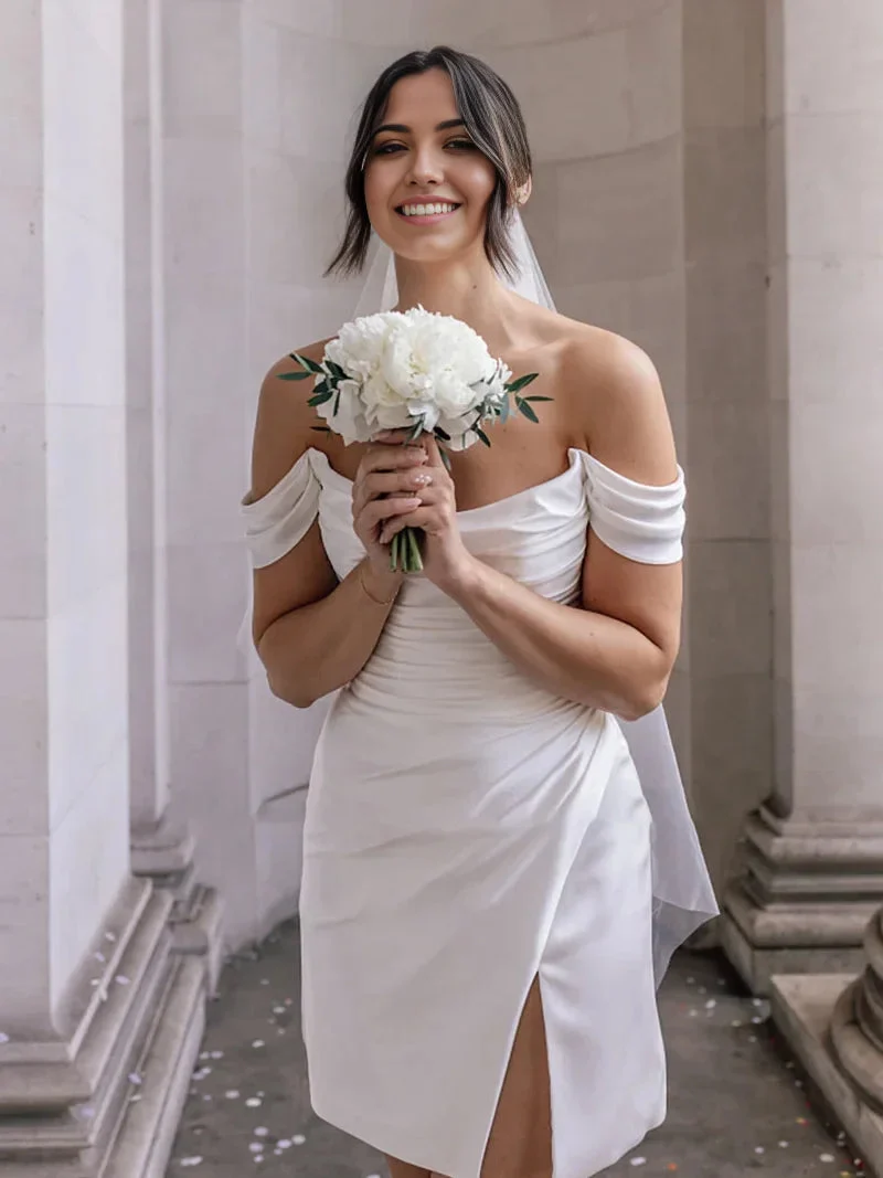 Simple Off-the-Shoulder Short Satin Cowl Neck Formal Wedding Dress With Slit - Image 6
