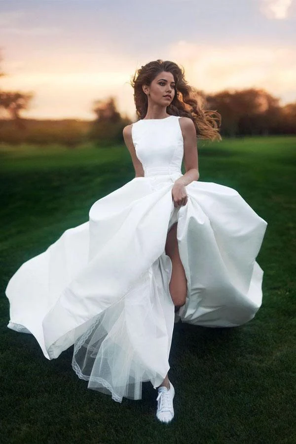 A-line Simple Scoop Long Train Satin Bridal Gown Wedding Dresses - Image 3