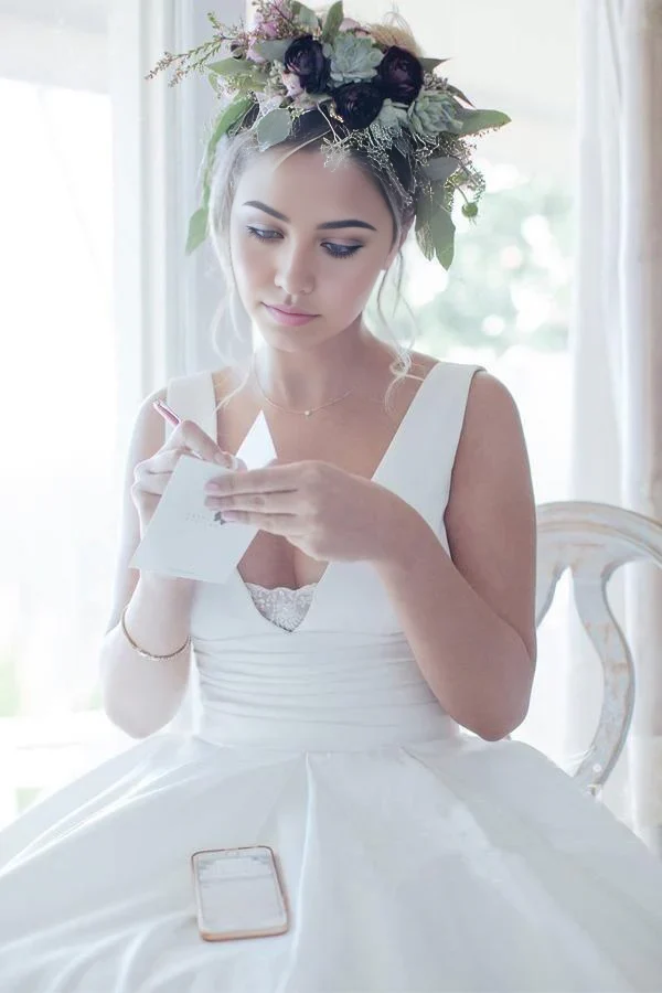 A Line V Neckline Pleated Waistband Simple Satin Wedding Bridal Dress Wedding Dresses - Image 4