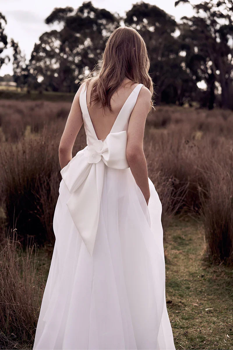 A Line Boho Deep V Neck Simple Open Back Wedding Dress - Image 6