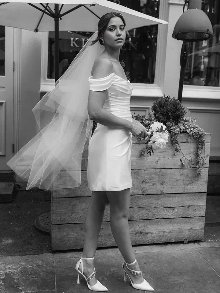 Simple Off-the-Shoulder Short Satin Cowl Neck Formal Wedding Dress With Slit - Image 4
