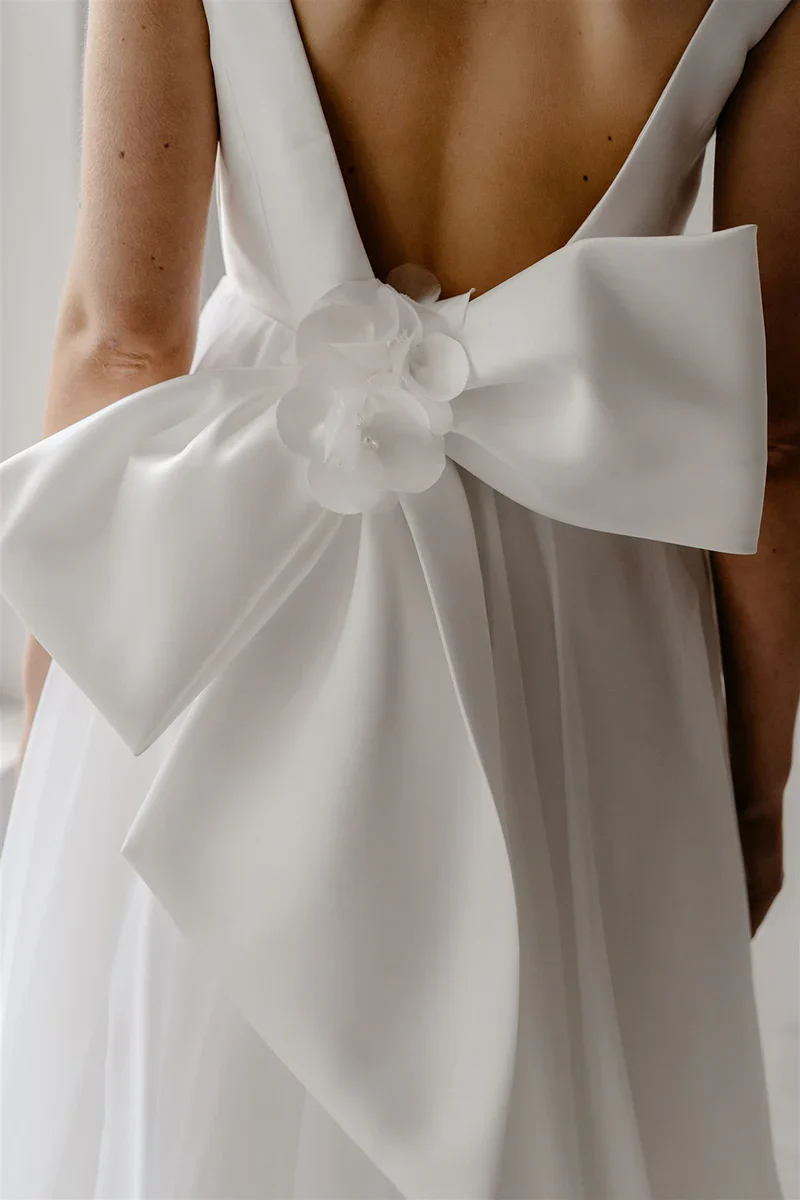 A Line Boho Deep V Neck Simple Open Back Wedding Dress - Image 4