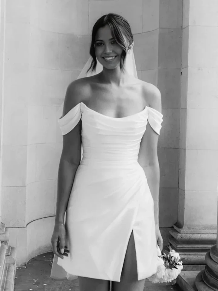 Simple Off-the-Shoulder Short Satin Cowl Neck Formal Wedding Dress With Slit - Image 3