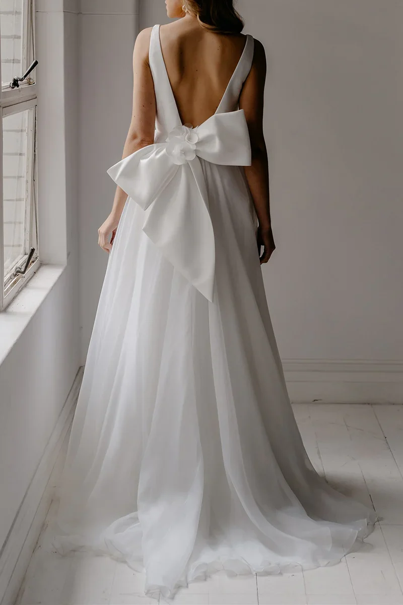 A Line Boho Deep V Neck Simple Open Back Wedding Dress - Image 3