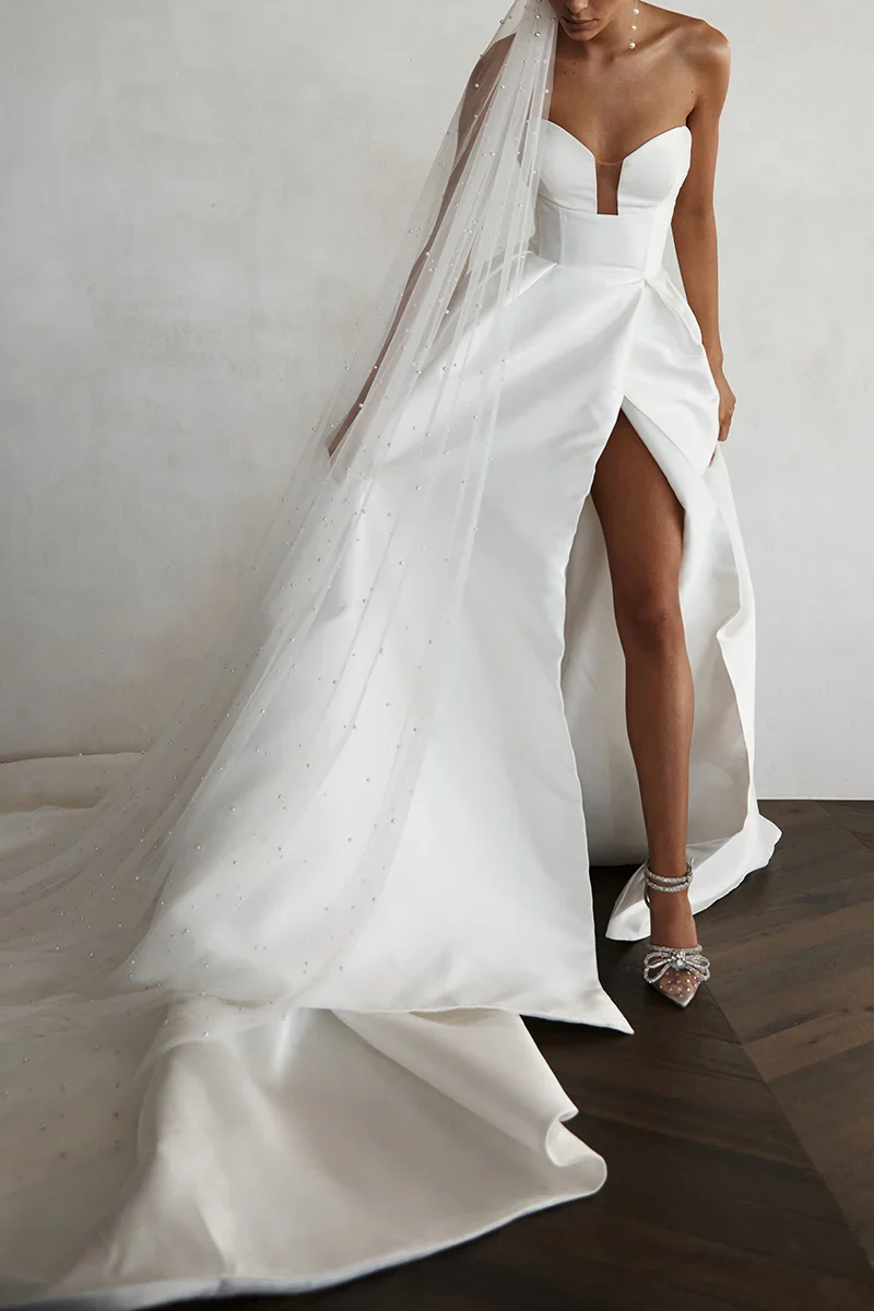 A line V Neck Satin Simple Wedding Dress With Side Slit - Image 4