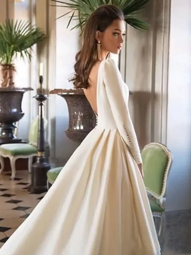 Elegant A-Line Bateau Neck Long Sleeve Simple Backless Court Train Wedding Dress - Image 3