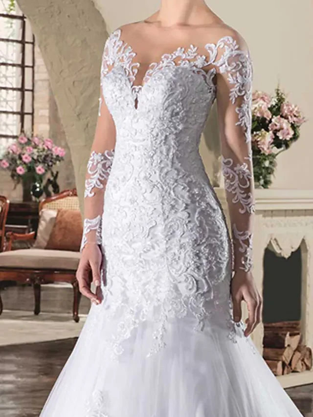 Elegant Mermaid Trumpet Bateau Neck Long Sleeve Lace Backless Wedding Dress - Image 3