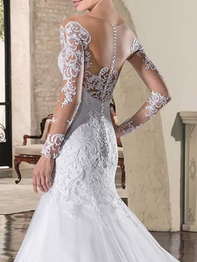 Elegant Mermaid Trumpet Bateau Neck Long Sleeve Lace Backless Wedding Dress - Image 5