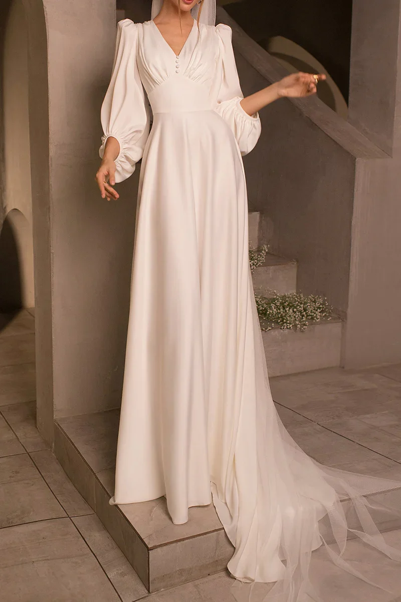 A Line Simple V neck Long Sleeves Satin Sweep Train Wedding Dress - Image 5