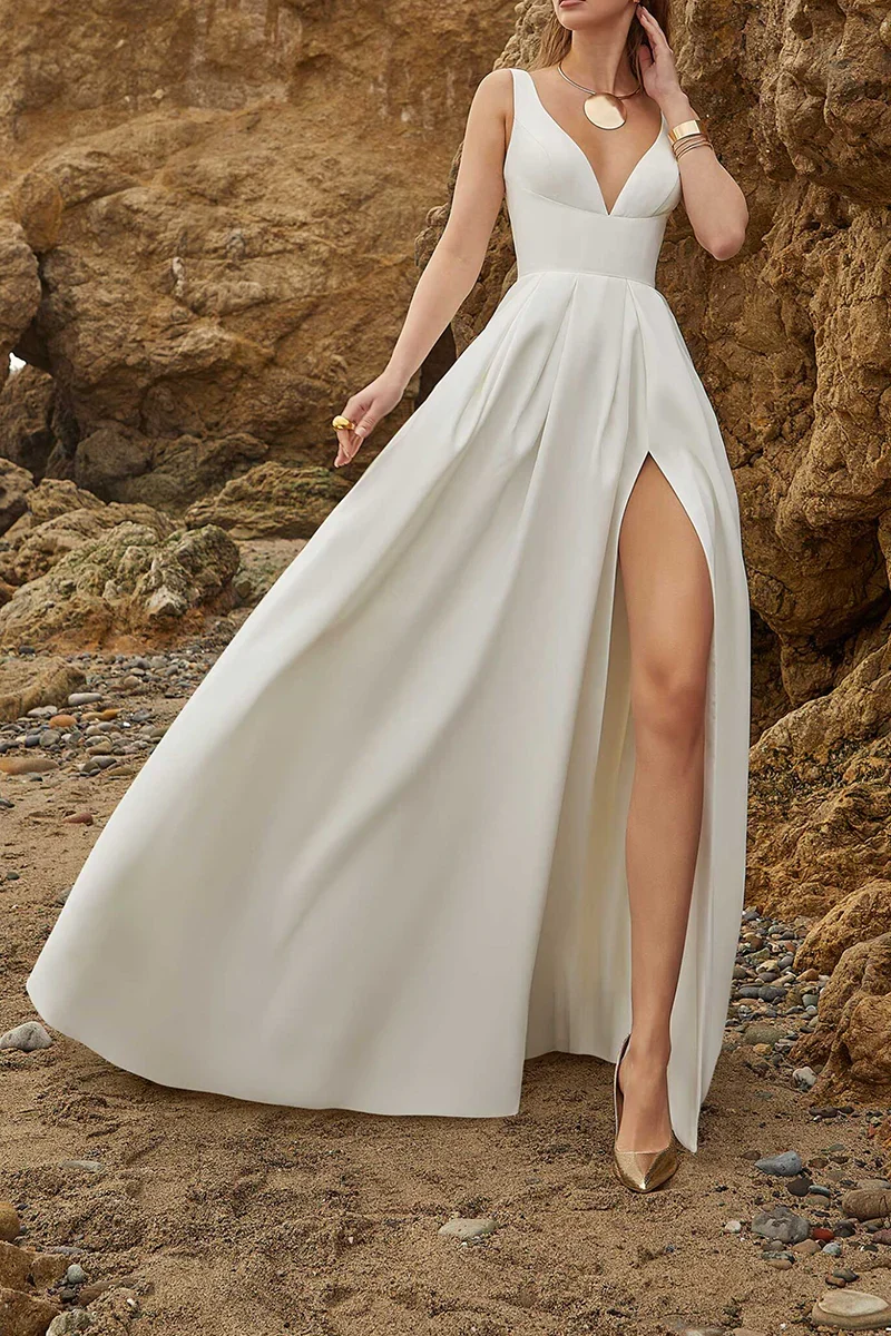 A Line Simple Sexy V Neck Satin Wedding Dress with Slit - Image 3