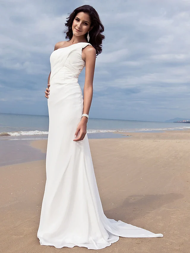 Simple One Shoulder Chiffon Wedding Dress with Side Draping Plus Size - Image 3