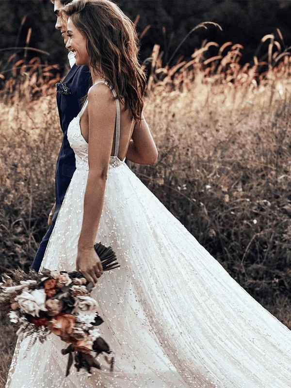A-line Lace Simple Rustic Backless Straps Long Train Wedding Dress - Image 4