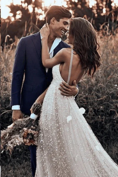 A-line Lace Simple Rustic Backless Straps Long Train Wedding Dress - Image 3