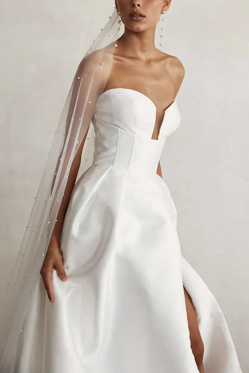 A line V Neck Satin Simple Wedding Dress With Side Slit - Image 3
