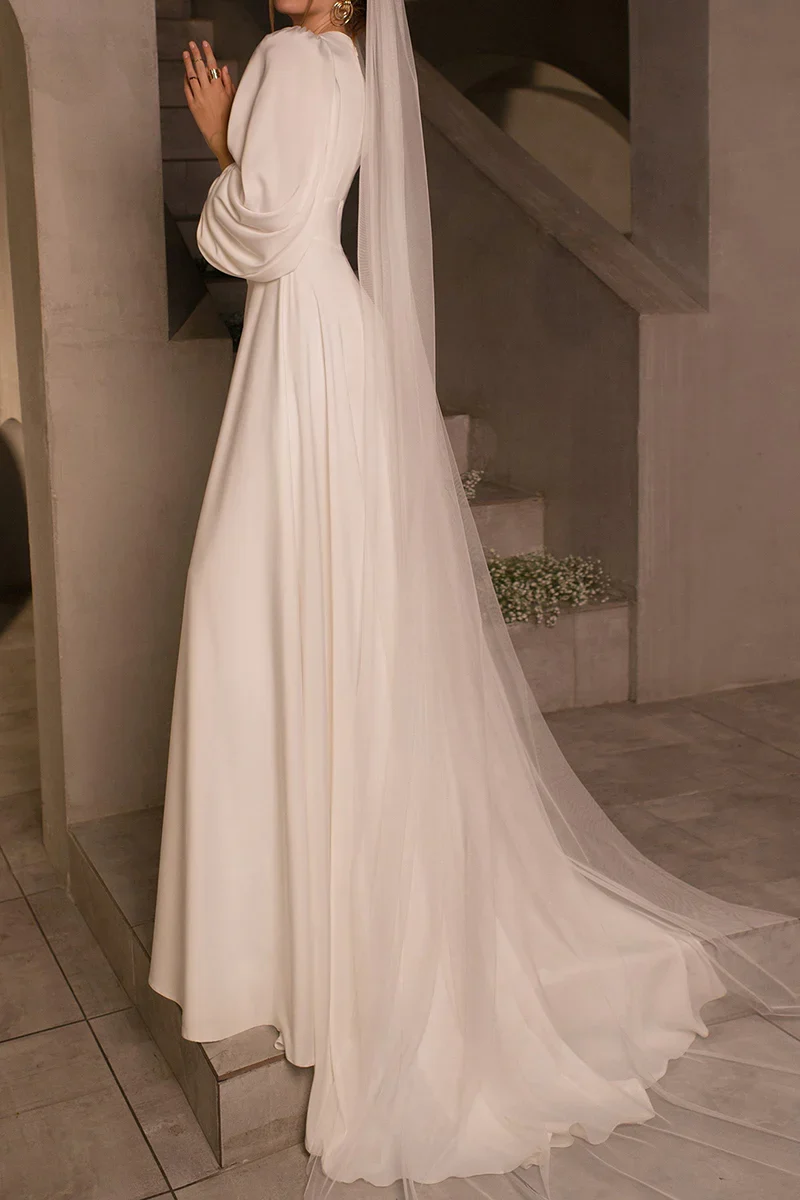 A Line Simple V neck Long Sleeves Satin Sweep Train Wedding Dress - Image 4