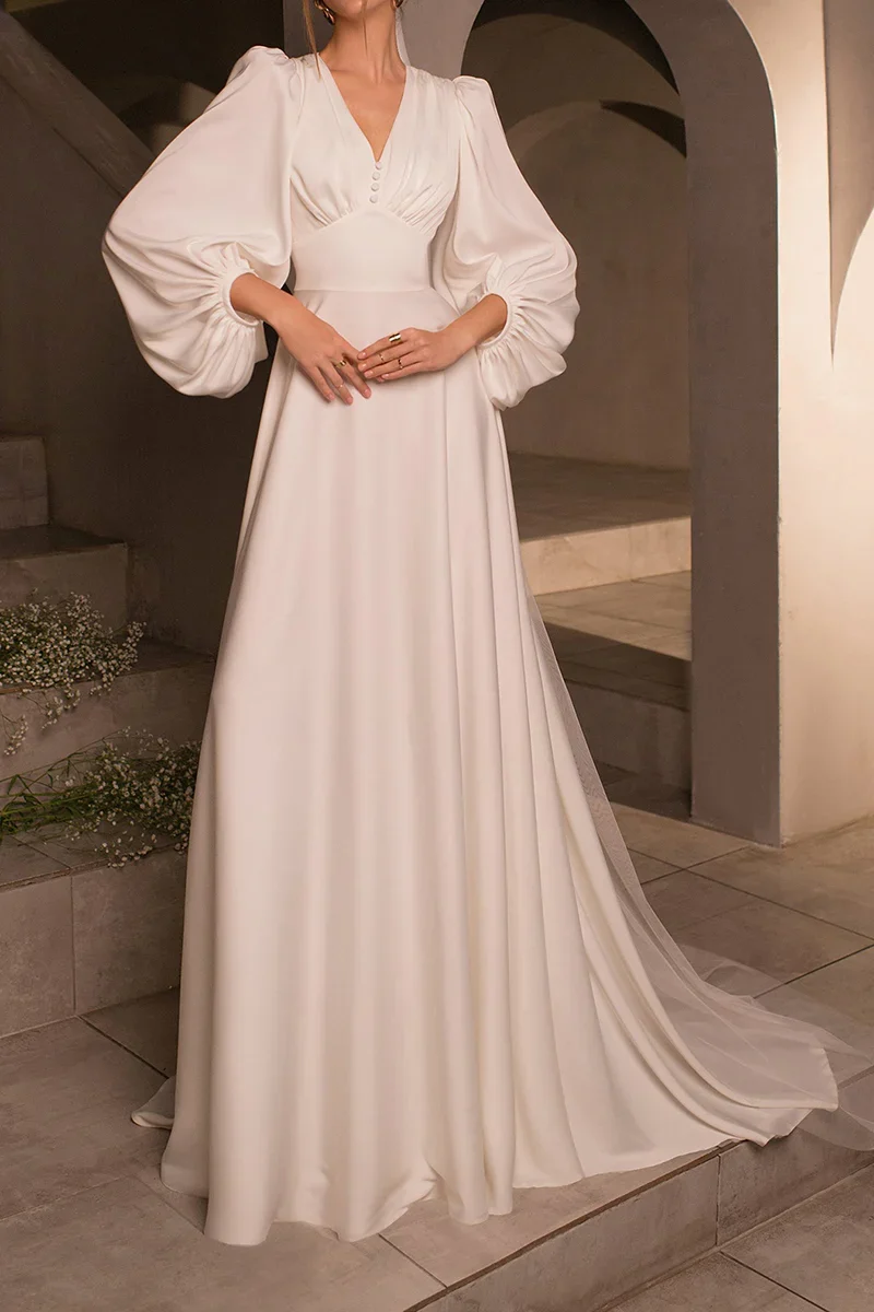 A Line Simple V neck Long Sleeves Satin Sweep Train Wedding Dress