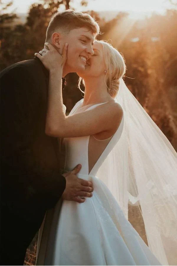 A-line Simple Elegant V Neck Ivory Satin Wedding Dresses - Image 4