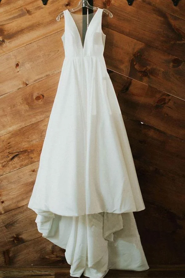 A-line Simple Elegant V Neck Ivory Satin Wedding Dresses - Image 5