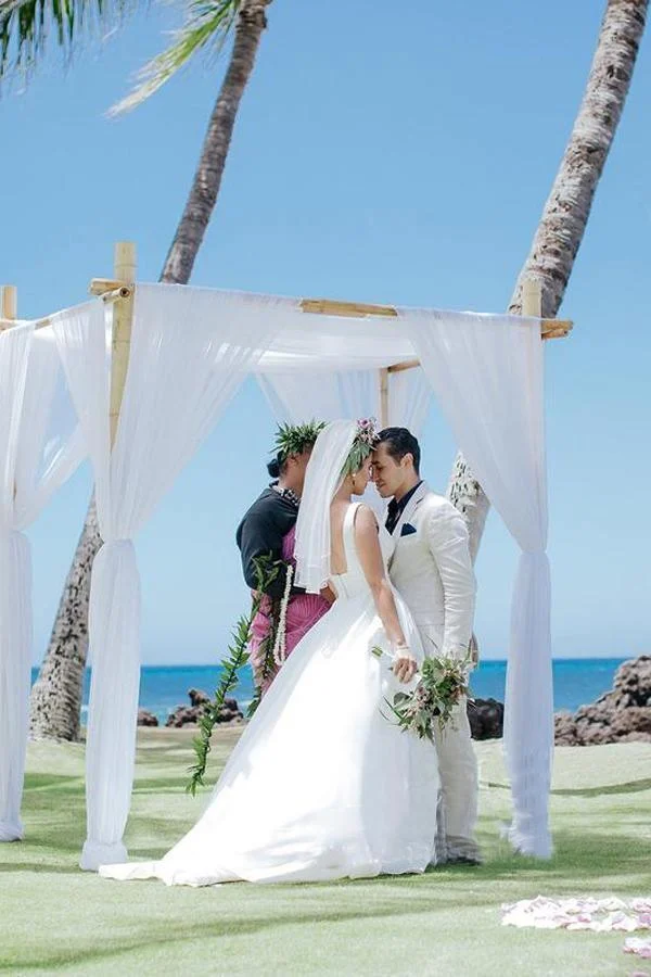 A Line V Neckline Pleated Waistband Simple Satin Wedding Bridal Dress Wedding Dresses - Image 3