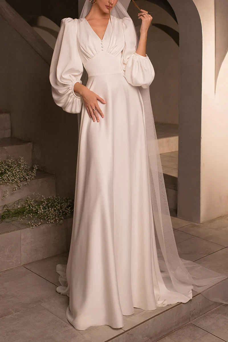 A Line Simple V neck Long Sleeves Satin Sweep Train Wedding Dress - Image 3