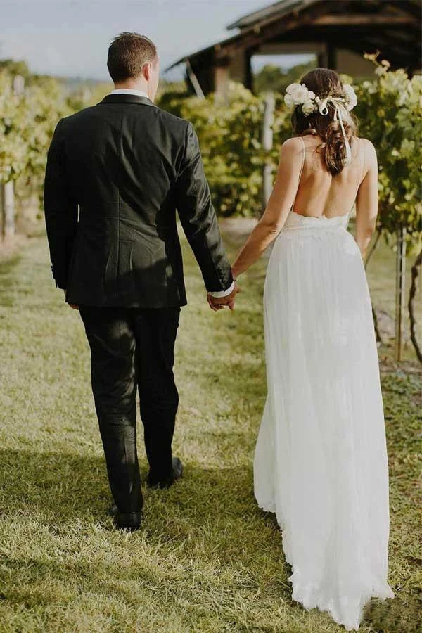 Beach A-line Simple Spaghetti Straps Chiffon Wedding Dresses with Lace - Image 3
