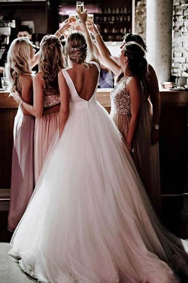 A-line Simple Ivory Tulle Backless Wedding Gowns Wedding Dress - Image 3