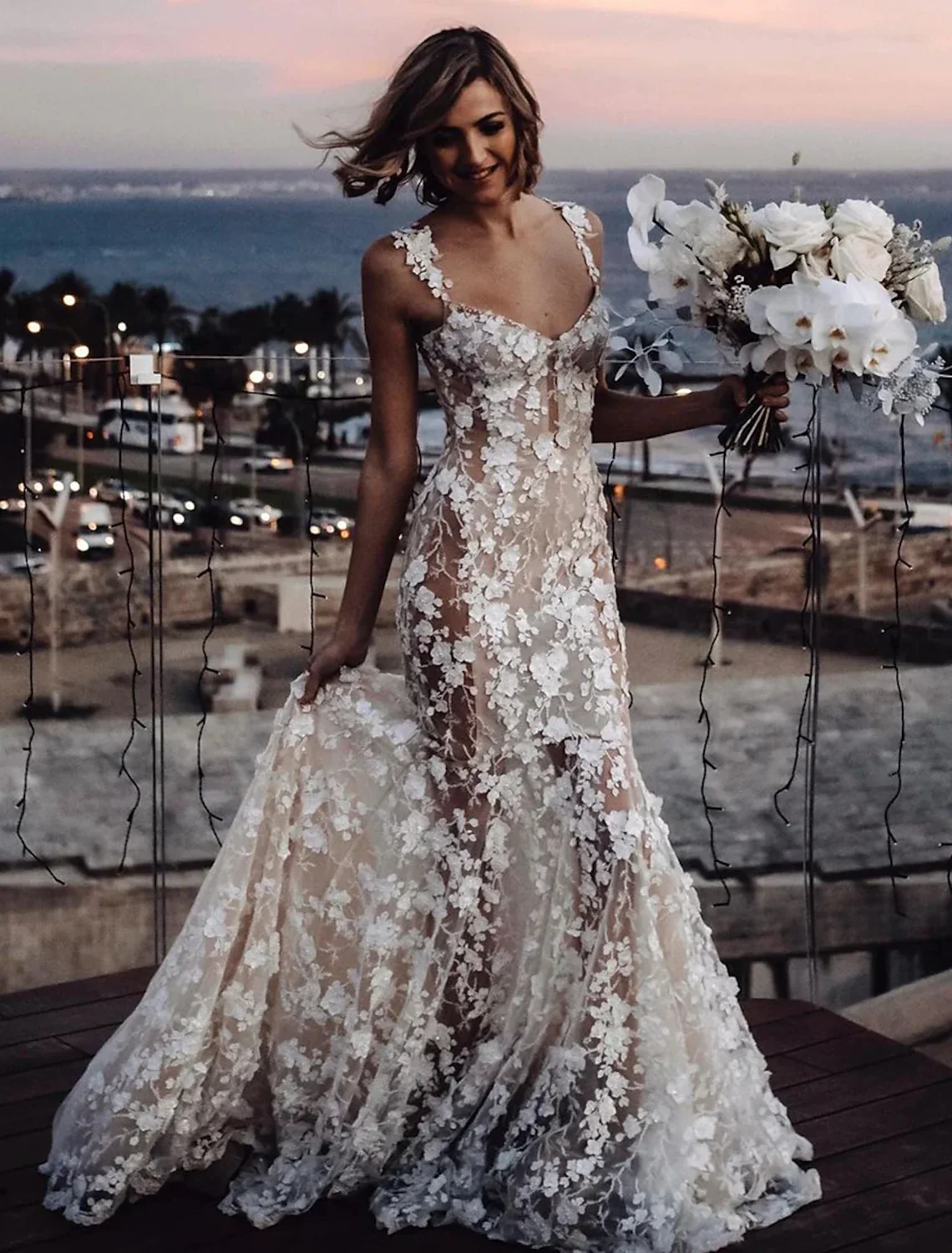 Beachy Boho Mermaid Wedding Dress with Sweetheart Neckline and Lace Appliques - Image 4