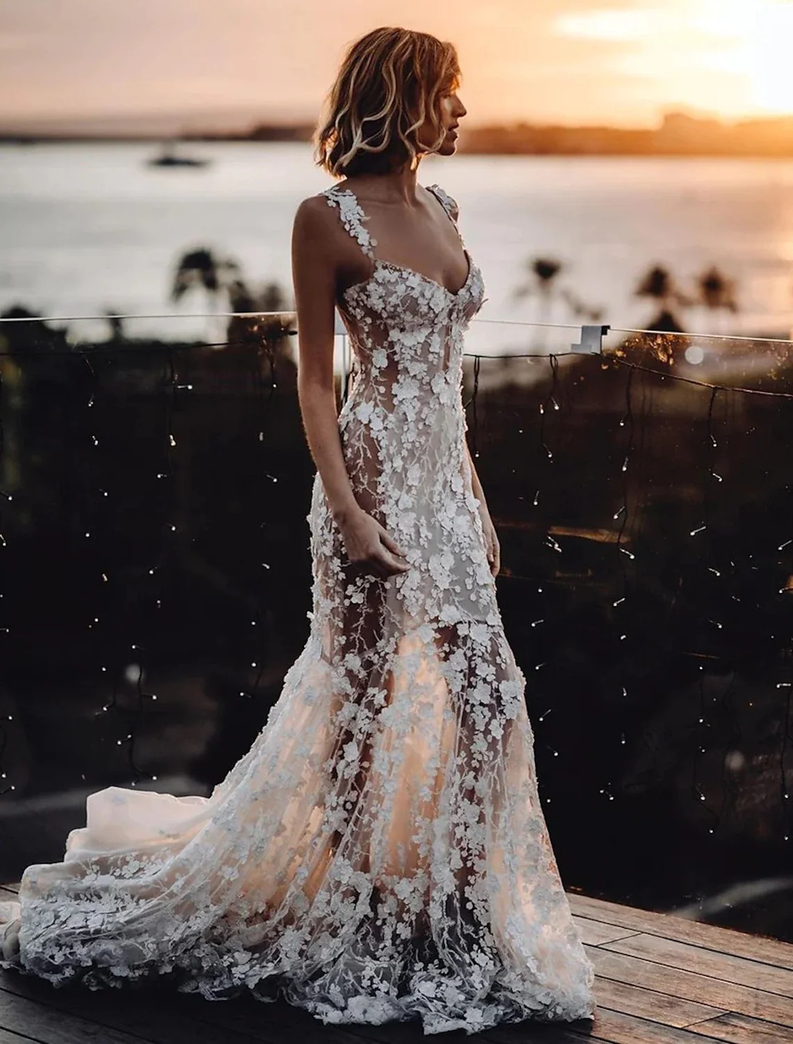 Beachy Boho Mermaid Wedding Dress with Sweetheart Neckline and Lace Appliques - Image 3