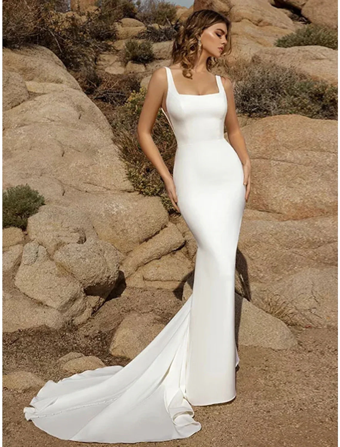 Casual Beach Open Back Square Neck Mermaid Wedding Dress with Buttons