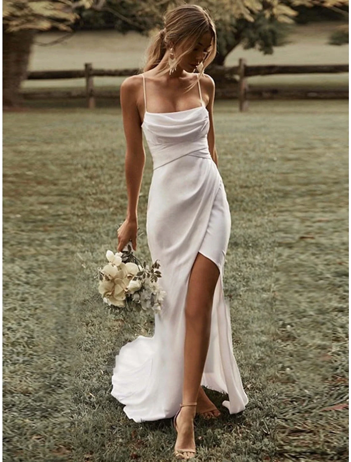 Casual Beach Sheath Column Wedding Dress with Ruched Split Front