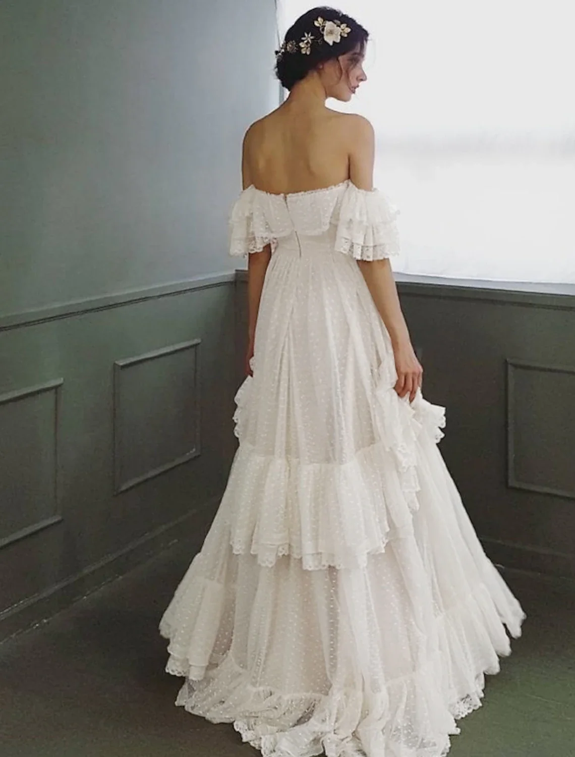 Elegant A-Line Off Shoulder Cap Sleeve Tulle Ruffled Beach Wedding Dress - Image 4