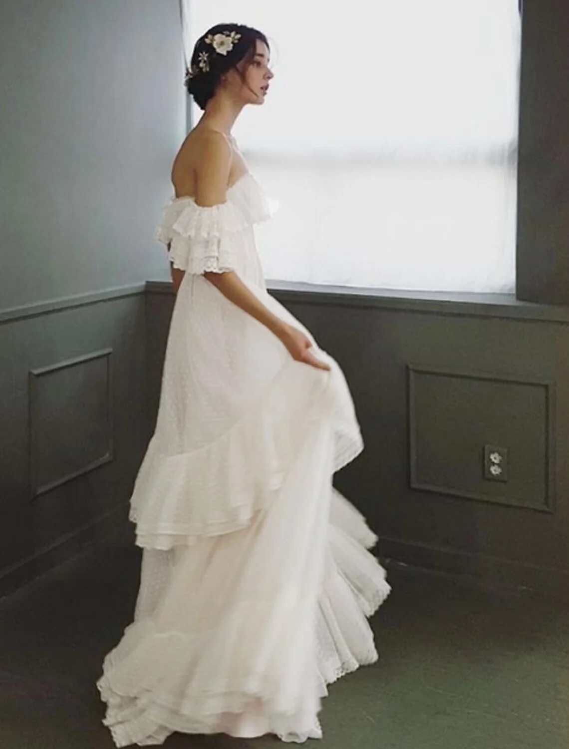 Elegant A-Line Off Shoulder Cap Sleeve Tulle Ruffled Beach Wedding Dress - Image 3