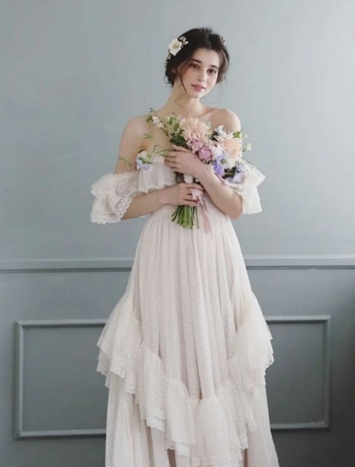 Elegant A-Line Off Shoulder Cap Sleeve Tulle Ruffled Beach Wedding Dress - Image 5