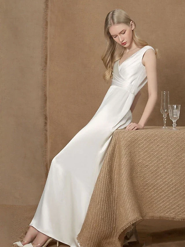 Elegant A-Line V-Neck Simple Vintage Ruched Charmeuse Wedding Dress - Image 4
