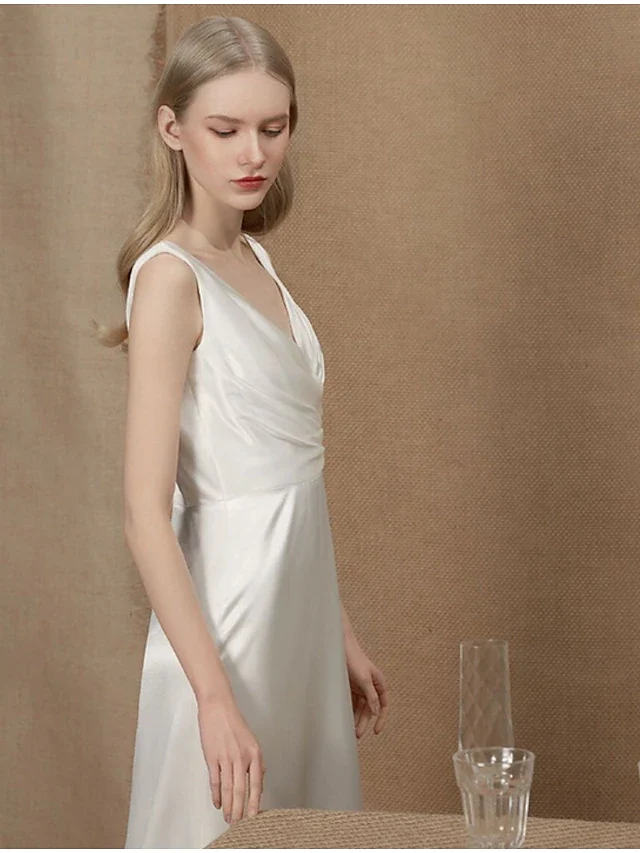 Elegant A-Line V-Neck Simple Vintage Ruched Charmeuse Wedding Dress - Image 3