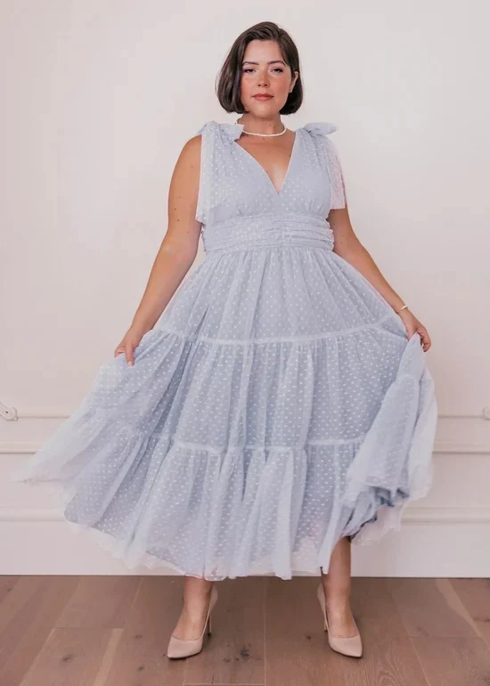 Elegant Deep V Neck Tie Shoulder Detail Open Back Tiered Ruffle Hem Polka Dot Print Midi Evening Dress For Formal Evening Prom Wedding Guest Bridesmaid Beach Wedding Cocktail Party Gala - Image 5